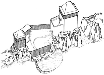 Ideální rekonstrukce podoby hradu Drštka (podle M. Novobilského)