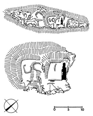 Drštka - nahoře skica celkové situace, dole terénní náčrt střední části hradu Drštka (podle T. Durdíka)