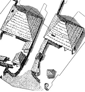 Hrazany - rekonstrukce dvorců ve středním úvalu (podle L. Jansové)