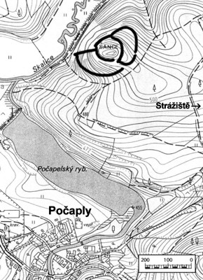 Počaply - poloha hradiště na návrší Šance (mapa ZM - Roman Abušinov)